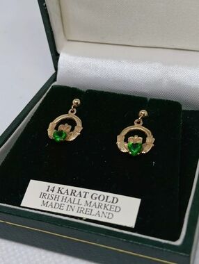 Artisan 14K Gold Claddagh Earrings with Green Hearts